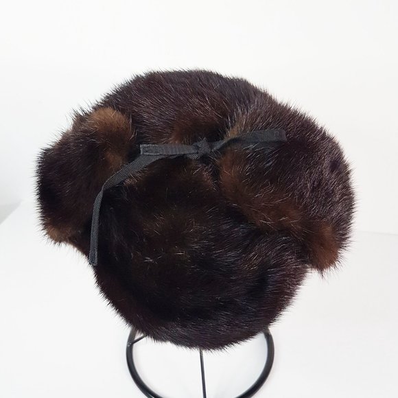 Vintage Dark Brown Mink Suede Fur Aviator Hat, Real Fur Trapper Hat - Picture 8 of 10